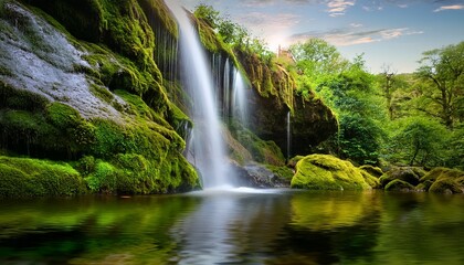 serene waterfall cascading over a lush moss covered rock face creating a tranquil scene in nature nature green scenic