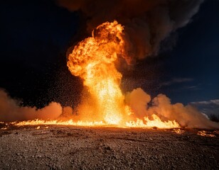 fiery explosion on ground with smoke and particles against a dark backdrop show power destruction or the intensity of change in visuals