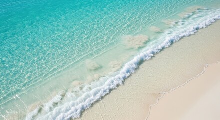 Aerial view of clear turquoise ocean water and white sand beach