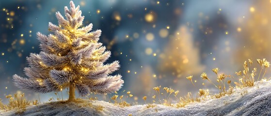 Frost-Covered Christmas Tree with Twinkling Lights in a Snowy Landscape at Dusk, creating a Magical Holiday Scene with Golden Bokeh and Soft Focus, evoking a Festive Mood