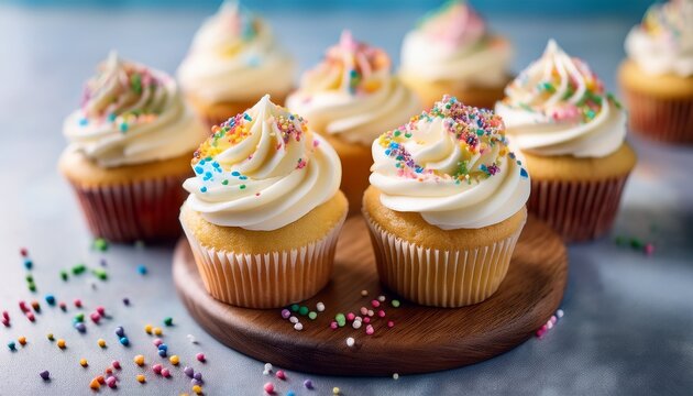 fluffy vanilla cupcakes topped with swirls of creamy frosting and rainbow sprinkles dessert yummy baked goods