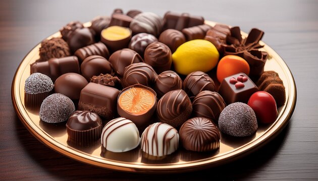 a plate overflowing with assorted chocolates a delightful variety of shapes and colors yummy fruits abundance