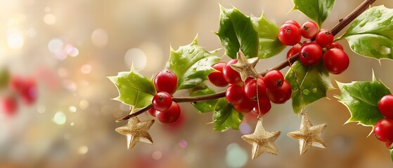 Holly Leaves with Red Berries and Golden Star Decorations, creating a Festive Christmas Border with Soft Lighting, a Warm Tone, and Copy Space for Holiday Greetings