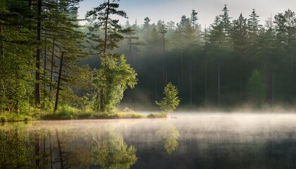 misty morning fog hangs heavy over a still reflective forest pond sunlight filtering weakly through the trees summer outdoor peaceful