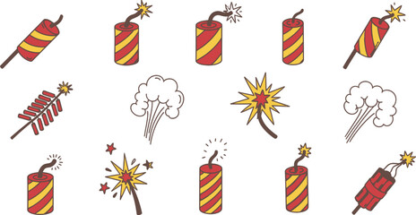 Collection of Festive Firecrackers and Explosions for Celebrations and Events with Cartoon Style Design and Red and Yellow Coloring on White Backdrop © faij sayed