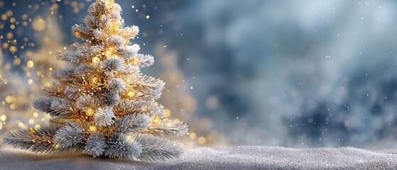 Frost-Covered Christmas Tree with Twinkling Lights in a Snowy Landscape, creating a Magical Holiday Scene with Golden Bokeh and Soft Focus, evoking a Festive Winter Mood