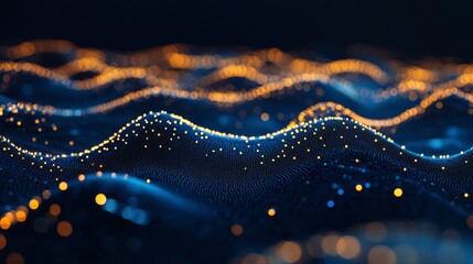 Intricate network of glowing particles forming undulating waves for dynamic tech and science presentations and modern background designs