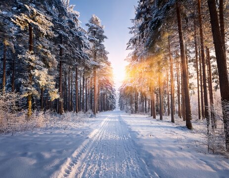 snowy forest path lined with tall pine trees covered in frost glowing with morning sunlight sun rise light coming from away - Powered by Adobe