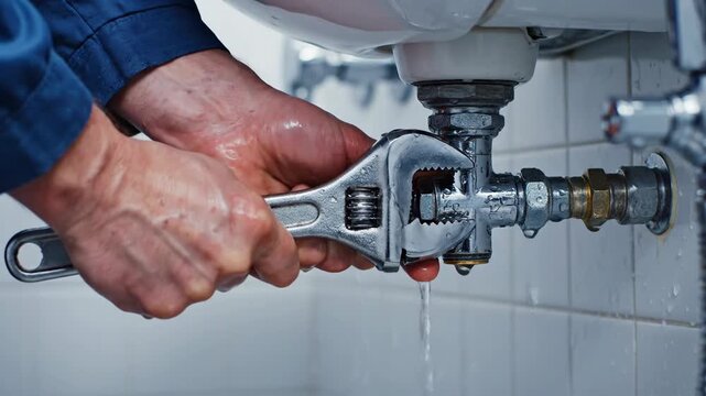 Hands fixing leaking water pipe with adjustable wrench plumbing repair home maintenance