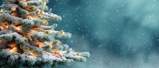 Snowy Christmas Tree with Glowing Ornaments and Bokeh, ideal for festive holiday cards and seasonal greetings, creating a cozy winter wonderland atmosphere
