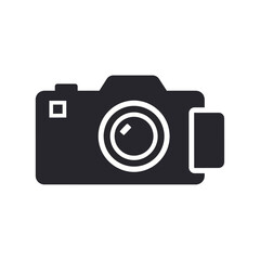 Simple Black Camera Icon with White Lens and Viewfinder Details.