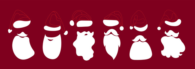 Collection of Santa Claus hat and beard Vector illustration. Original linear Christmas design on a red background.