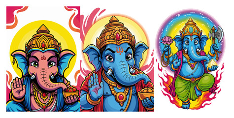 Colorful Lord Ganesha Vector Illustration Set. Hindu God Ganpati for Ganesh Chaturthi Festival.