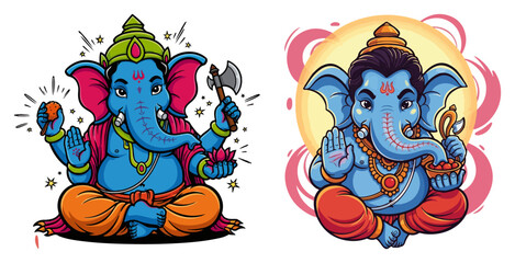 Lord Ganesha Sitting with Axe and Modak Colorful Hindu Elephant God Vector