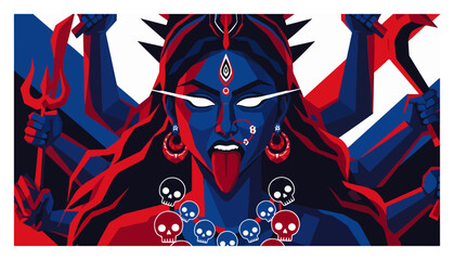 Fierce Hindu Goddess Kali in a modern stylized vector art. Powerful illustration for Durga Puja or Diwali festival.