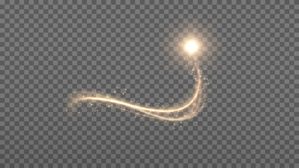 Glowing golden dust swirl with luminous particles and magical curved trail on transparent background.