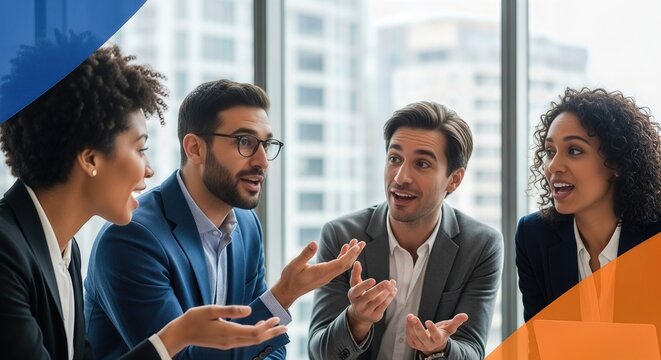 Diverse business professionals actively engage in dynamic corporate discussion, exchanging innovative ideas during a productive meeting for strategic growth and success.