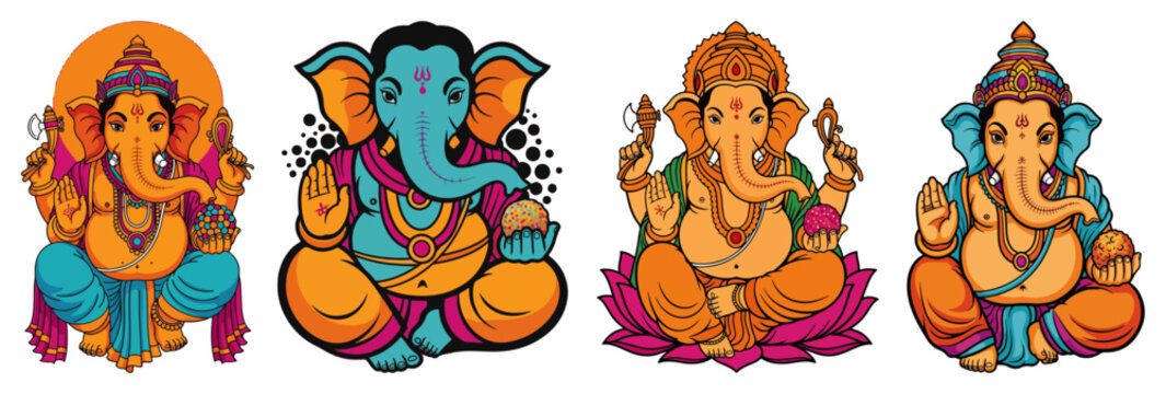 Set of colorful Lord Ganesha vector illustrations. Collection of Hindu elephant God for Ganesh Chaturthi festival.