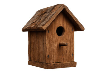 Wooden birdhouse with a rustic design, a charming home for small birds in a garden or backyard. Transparent background