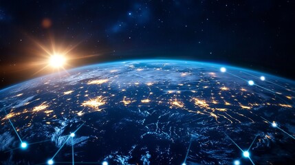 Stunning earth view from space with sunrise illuminating city lights, representing global connection and technology advancement for modern business