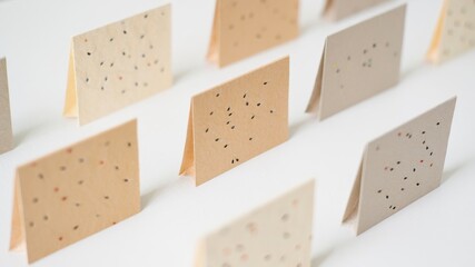 Plantable seed paper cards in neat rows, recycled handmade sheets with embedded mixed seeds, kraft tones, biodegradable stationery for gifts, diy planting tips, botanical minimalism accents