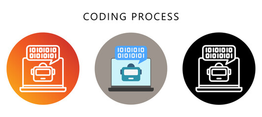 Coding Process Icon Button, Black, Gradient, Rounded Mini Illustration Relate To Industry 4-0. Use For Modern Concept, Ui, Ux Web And App Development.