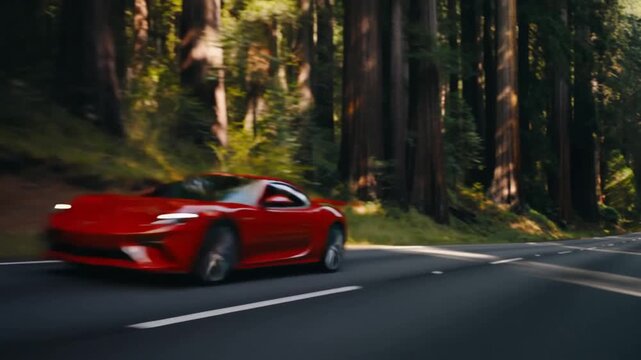 A red car speeding along a winding road surrounded by tall trees. The car is sleek and modern, a symbol of freedom and adventure Stock Video