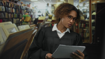 Woman judge in judicial robe wearing glasses reads and holds court papers while standing amid bookshelves in a library  seriousness duty. © Krakenimages.com