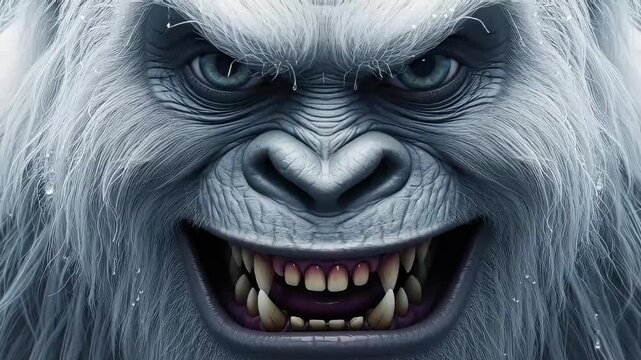 Yeti snarling close-up baring fangs blue eyes