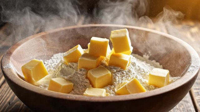 Butter cubes falling into white flour in a wooden bowl for baking preparation