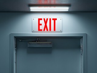 Emergency exit door with illuminated EXIT sign and push-bar mechanism in a clean hallway