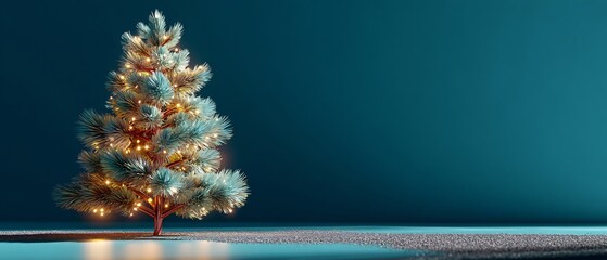 Festive Christmas Tree with Warm Golden Lights on Teal Background with Copy Space for Holiday Greetings and Celebrations with Cinematic Lighting