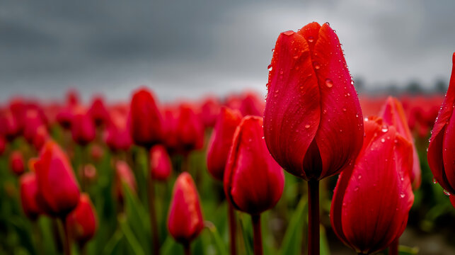 Tulips flowers red nature garden bloom spring vibrant droplets water raindrops green field blossoms gardening floral colorful
