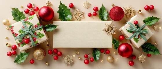 Festive Christmas Flat Lay with Gifts, Baubles, Holly, and Snowflakes on Beige Background for Holiday Greetings and Celebrations with Natural Light