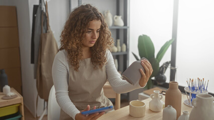 Woman with curly hair holding tablet and clay vase, reaches for brush while arranging ceramic pots in studio; focused creativity.