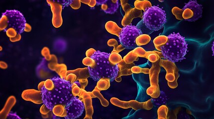 Microscopic View of Dengue Virus Attacking Cells in a Vibrant Cellular Environment