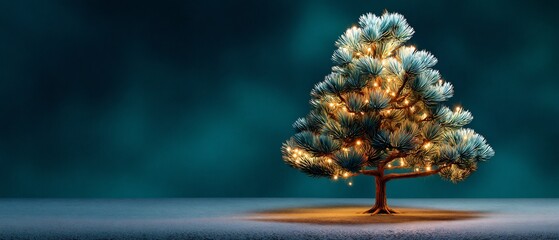 Enchanting Christmas Tree with Warm Lights on Dark Teal Background, Perfect for Holiday Greeting Cards and Festive Designs with Copy Space, Moody Lighting, and Elegant Details