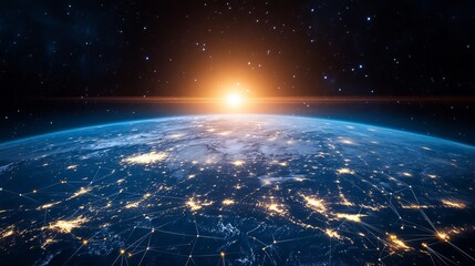 Stunning Earth view from space at sunrise showcasing global network connections for technology, business, and environmental responsibility messaging