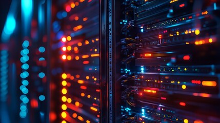 Data center servers glowing with vibrant lights, showcasing modern technology and secure network infrastructure for global business solutions