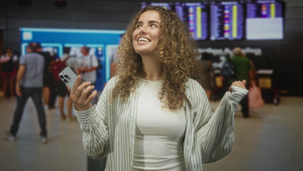 Young curly haired woman holding smartphone and pointing with finger at a departure board in an...