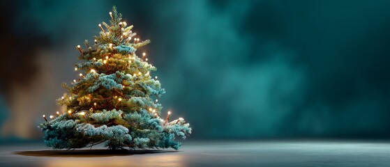 Luminous Christmas Tree with Glowing Lights on Dark Teal Backdrop, Ideal for Holiday Greetings, Festive Designs, and Warm Winter Wishes with Copy Space and Atmospheric Lighting