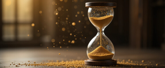 Time management concept indoor setting hourglass image warm lighting close-up view focus on time