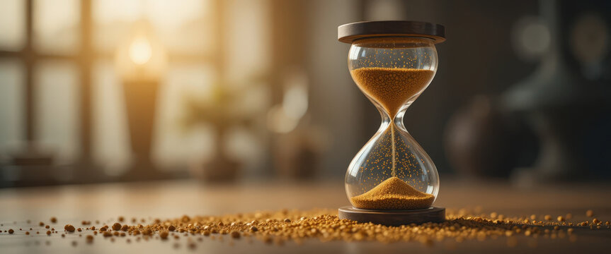 Time management tips using hourglass home office visual content warm lighting close-up view productivity concept