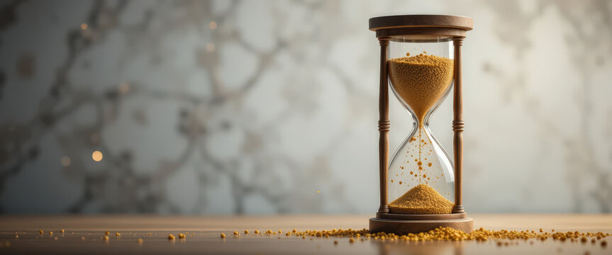 Time management concept modern workspace hourglass image calm environment close-up view productivity reflection