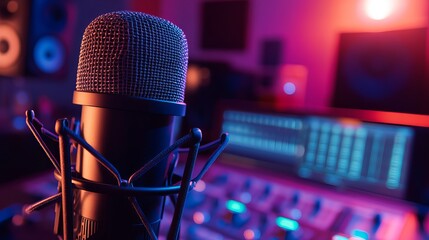 Step into the spotlight with a professional studio microphone ready for your next podcast, voiceover, or song in a vibrant, modern audio setting