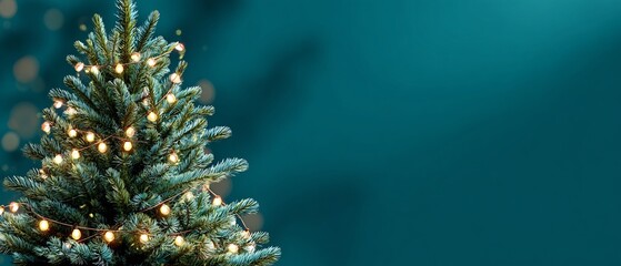 Elegant Christmas Tree with Twinkling Lights on Teal Background, Perfect for Holiday Greetings and Festive Celebrations with Copy Space