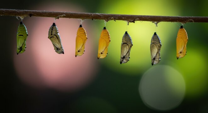 Row of monarch butterfly chrysalis hanging from a thin branch