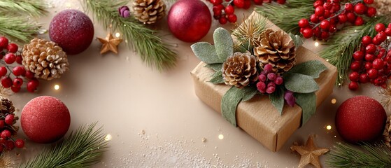 Rustic Christmas Gift with Pine Cones and Red Berries on Beige Background, Perfect for Holiday Greetings and Festive Winter Celebrations with Copy Space