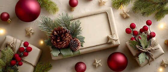 Festive Christmas Arrangement with Wrapped Gifts, Ornaments, and Pine Sprigs on Beige Background, Ideal for Holiday Greetings and Warm Winter Wishes