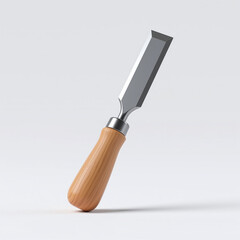 A chisel with a wooden handle and metal blade on a plain white background, showcasing a simple yet detailed design.